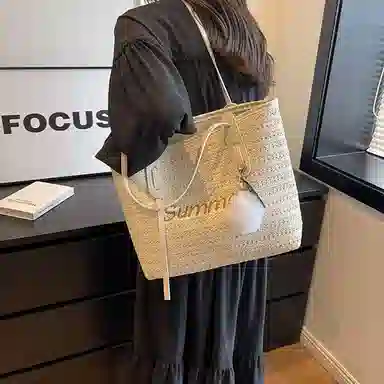 老人头 沙滩时尚休闲编织 织物拼合成革 托特包单肩包 女款 白色