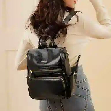 老人头 复古通勤油蜡皮大气耐用旅游防盗妈妈上班上课书包旅行 牛皮 双肩包背包 女款 多色