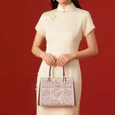 老人头 新中式国风刺绣高级质感优雅气质实用百搭通勤大容量妈妈款母亲高颜值女士 牛皮拼超纤 女包单肩包托特包斜挎手提包 女款 杏红色