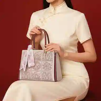 老人头 新中式国风刺绣高级质感优雅气质实用百搭通勤大容量妈妈款母亲高颜值女士 牛皮拼超纤 女包单肩包托特包斜挎手提包 女款 杏红色