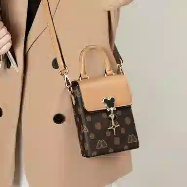 老人头 迷你小包包实用轻便散步装放手机的复古夏天时尚百搭 合成革 斜挎包 女 咖啡色杏色