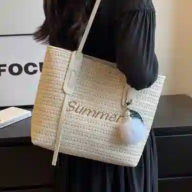 老人头 沙滩时尚休闲编织 织物拼合成革 托特包单肩包 女款 白色