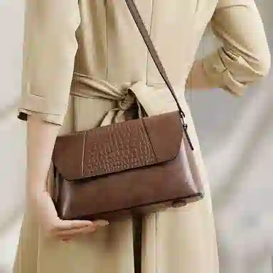 老人头 复古百搭通勤简约大气 合成革 单肩包小方包斜挎包 小号 女款 咖色