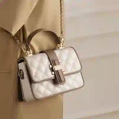 老人头 时尚百搭通勤简约菱格 合成革配牛皮 斜挎单肩包手提包 女 白色