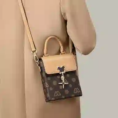 老人头 迷你小包包实用轻便散步装放手机的复古夏天时尚百搭 合成革 斜挎包 女 咖啡色杏色