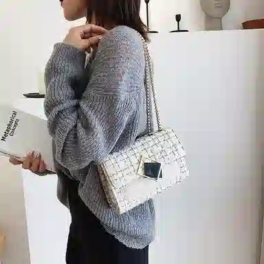 老人头 小香风毛呢百搭小众设计高级感时尚潮流百搭链条 织物 斜挎单肩腋下小方包 常规 女款 白色