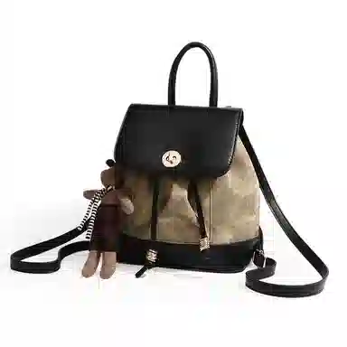 老人头 小众设计高级感简约复古油画光影百搭潮流撞色 聚氨酯合成革 背包双肩包 女款 黑色