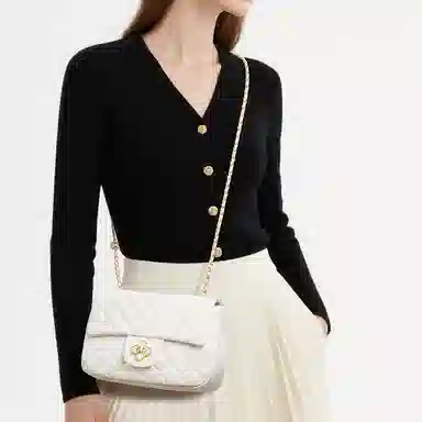 老人头 包包女高颜值小香风菱格锁扣气质优雅精致简约高级感时尚百搭 牛皮 手拎腋下单肩小包链条斜挎包 女款 白色/黑色