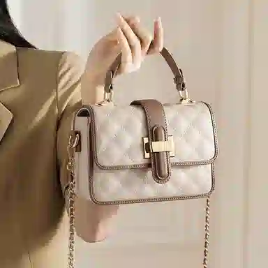 老人头 时尚百搭通勤简约菱格 合成革配牛皮 斜挎单肩包手提包 女 白色