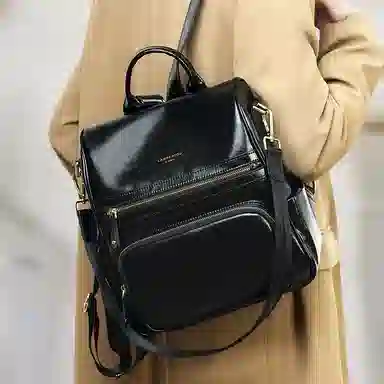 老人头 复古通勤油蜡皮大气耐用旅游防盗妈妈上班上课书包旅行 牛皮 双肩包背包 女款 多色