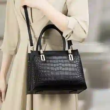 老人头 大气时尚百搭通勤 牛皮革拼超纤 斜挎包单肩包 女款 黑色