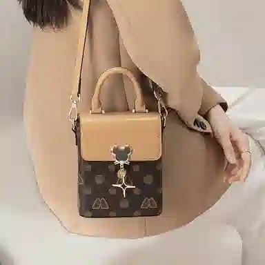 老人头 迷你小包包实用轻便散步装放手机的复古夏天时尚百搭 合成革 斜挎包 女 咖啡色杏色