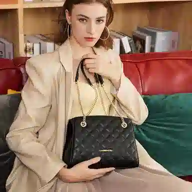 老人头 菱格链条包时尚百搭手提手拎通勤包上班中年妈妈款四季通用简约腋下包 牛皮 单肩包斜挎包 中号 女款 黑色