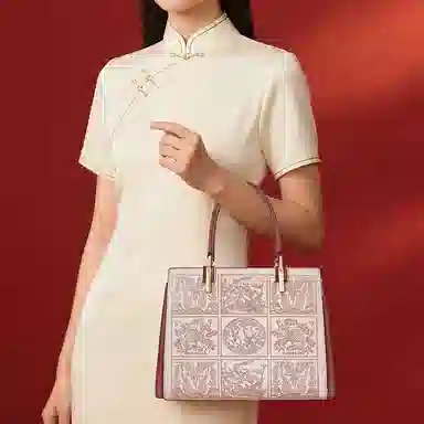 老人头 新中式国风刺绣高级质感优雅气质实用百搭通勤大容量妈妈款母亲高颜值女士 牛皮拼超纤 女包单肩包托特包斜挎手提包 女款 杏红色