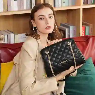 老人头 菱格链条包时尚百搭手提手拎通勤包上班中年妈妈款四季通用简约腋下包 牛皮 单肩包斜挎包 中号 女款 黑色