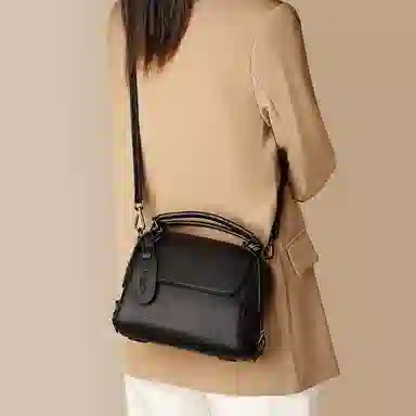 老人头 实用通勤包中年妈妈款简约百搭 牛皮配合成革 斜挎包单肩包手提包 女 黑色