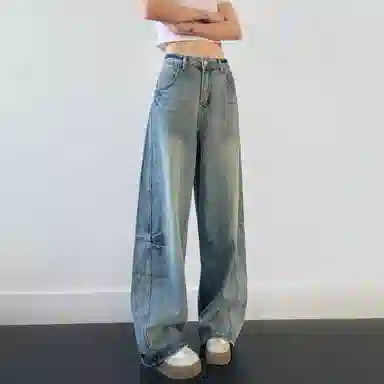 内在密码 美式复古百搭慵懒垂感直筒宽松阔腿拖地牛仔裤 男女同款