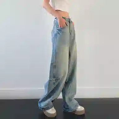 内在密码 美式复古百搭慵懒垂感直筒宽松阔腿拖地牛仔裤 男女同款