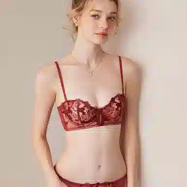 内在密码 法式薄款大胸显小胸收副乳防下垂聚拢兔耳朵半杯内衣裤套装 女款 宝石红