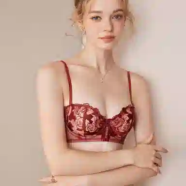 内在密码 法式薄款大胸显小胸收副乳防下垂聚拢兔耳朵半杯内衣裤套装 女款 宝石红