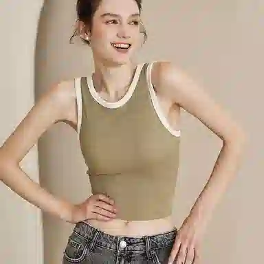 内在密码 撞色显瘦吊带内衣一体带固定胸垫背心女美背外穿免穿文胸二合一内搭短上衣