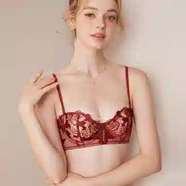 内在密码 法式薄款大胸显小胸收副乳防下垂聚拢兔耳朵半杯内衣裤套装 女款 宝石红