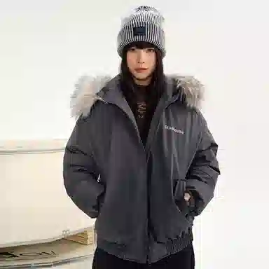寻星记 美式潮牌街头个性帅气印花时尚复古简约纯色基础款大毛领连帽字母刺绣宽松休闲日常通勤百搭工装加厚保暖韩版派克服棉服 男女同款
