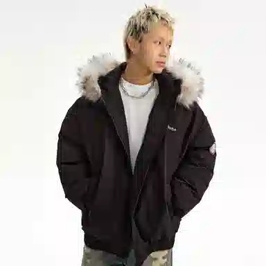 寻星记 美式潮牌街头个性帅气印花时尚复古简约纯色基础款大毛领连帽字母刺绣宽松休闲日常通勤百搭工装加厚保暖韩版派克服棉服 男女同款