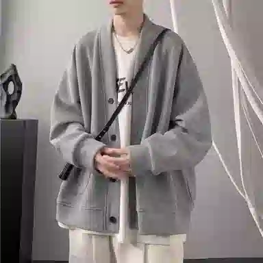 悍戈 美式高街复古纯色慵懒风高级感宽松休闲开衫夹克外套针织衫 男女同款