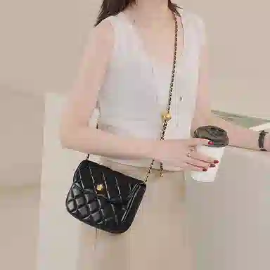 妙迪 小香风菱格绣线 真皮羊皮 链条包腋下单肩斜挎 小号 女款 黑色/白色