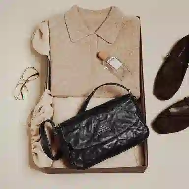 妙迪 职场通勤日常小方包腋下包 植鞣牛皮 单肩包 常规 女款 子夜黑