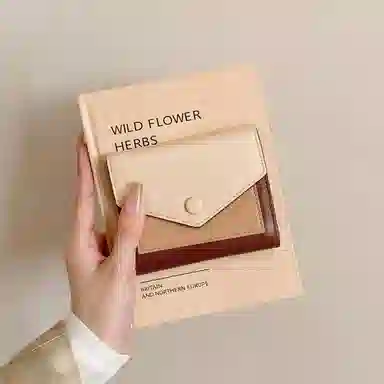 妙迪 小众设计拼接撞色时尚百搭小巧精致 合成革 钱包钱夹卡包多卡位折叠短款零钱包手拿包 常规 女款 拿铁千层雪