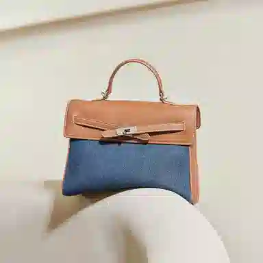 妙迪 丹宁简约经典复古拼接撞色 牛皮 单肩斜挎手提包 女款 牛仔蓝