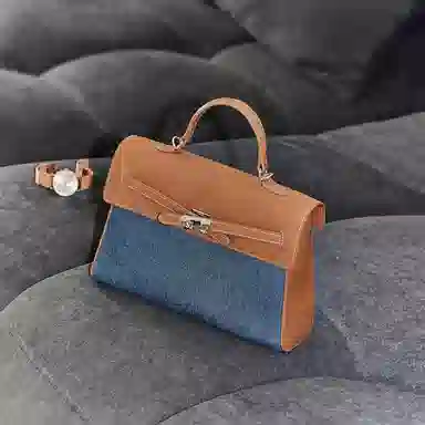 妙迪 丹宁简约经典复古拼接撞色 牛皮 单肩斜挎手提包 女款 牛仔蓝