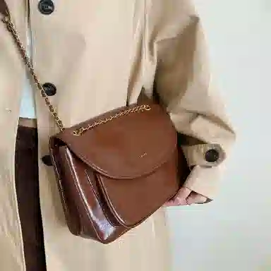 妙迪 纯色磁扣开合 牛剖层革 腋下包单肩包 女款 暮云棕