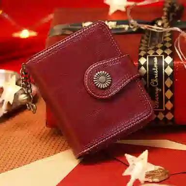 妙迪新款真皮短款女士折叠钱包 小众设计复古零钱包牛皮手拿包