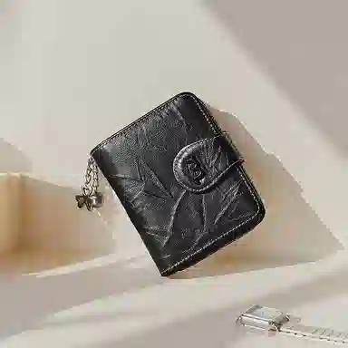 妙迪 时尚简约潮流 牛皮 零钱包 女款 曜石黑