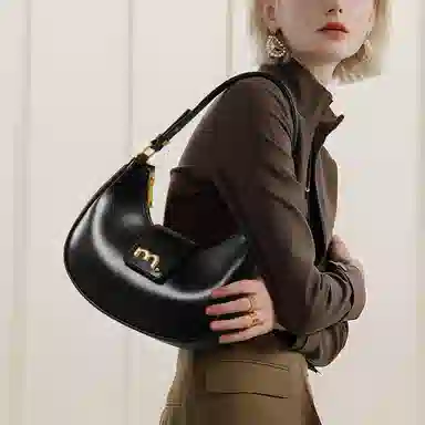 妙迪 小众设计高级感时尚气质通勤简约百搭 质感真皮牛皮 新月包月亮腋下包手提单肩斜挎包 中号 女款 黑色