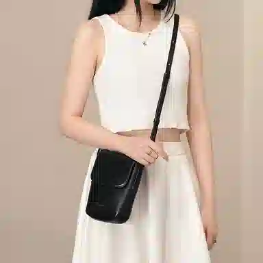 妙迪 竖款磁扣开合 牛皮 单肩包斜挎包手机包 中号 女款 棕色