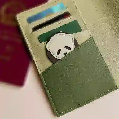 妙迪 小众设计国风熊猫护照夹 牛皮 证件保护套多功能长款钱包钱夹卡包 常规 女款 青绿色