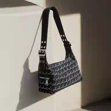 妙迪 复古机车牛仔包设计感腋下托特包 织物 单肩包 常规 女款 丹宁黑