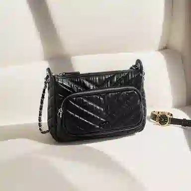 妙迪 链条包小香风高级感通勤 牛皮革 单肩斜挎腋下包 常规 女款 子夜黑