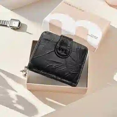 妙迪 时尚简约潮流 牛皮 零钱包 女款 曜石黑