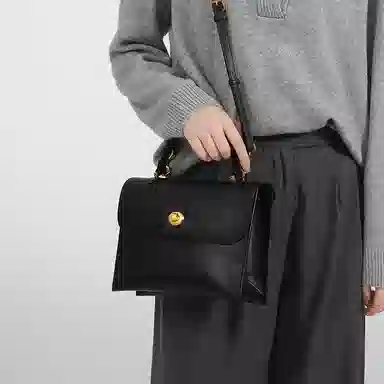 妙迪 复古简约通勤 二层牛皮 手提斜挎单肩包 常规 女款 黑色