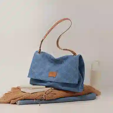 妙迪 时尚潮流百搭复古简约休闲软袋托特包 织物 单肩斜挎包 常规 女款 牛仔蓝
