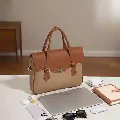 妙迪 复古百搭大容量商务高级感拼接 织物 电脑包 常规 男女同款情侣款 棠梨褐