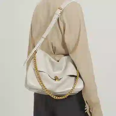 妙迪 高级感小众时尚简约百搭上班通勤 牛皮 链条托特包腋下包手提单肩斜挎包大包包 大号 女款 星光白/复古棕/月光银