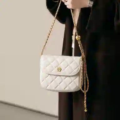 妙迪 小香风菱格绣线 真皮羊皮 链条包腋下单肩斜挎 小号 女款 黑色/白色