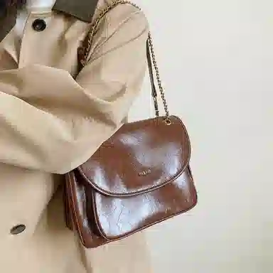 妙迪 纯色磁扣开合 牛剖层革 腋下包单肩包 女款 暮云棕