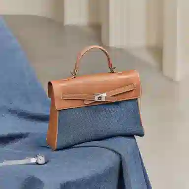 妙迪 丹宁简约经典复古拼接撞色 牛皮 单肩斜挎手提包 女款 牛仔蓝